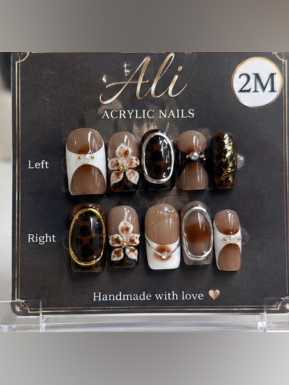 Brown & White Floral Acrylic Nail Set